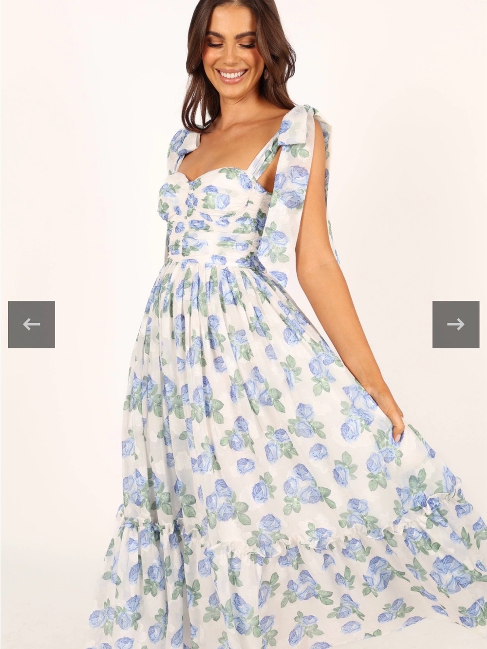 Petal & Pup Rose Floral Tie Strap Tiered Midi Dress Blue White L